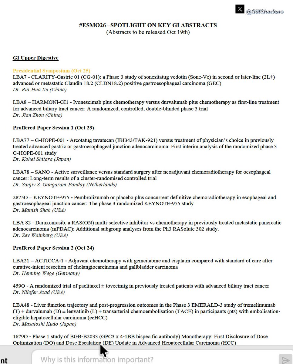 Sharlene Gill, MD, MPH, MBA, FASCO ESMO 2026 slide: CLARITY-Gastric01, HARMONi-GI1, RASolute 302, G-HOPE-001, KEYNOTE-975, ACTICCA-1 (1 of 3)