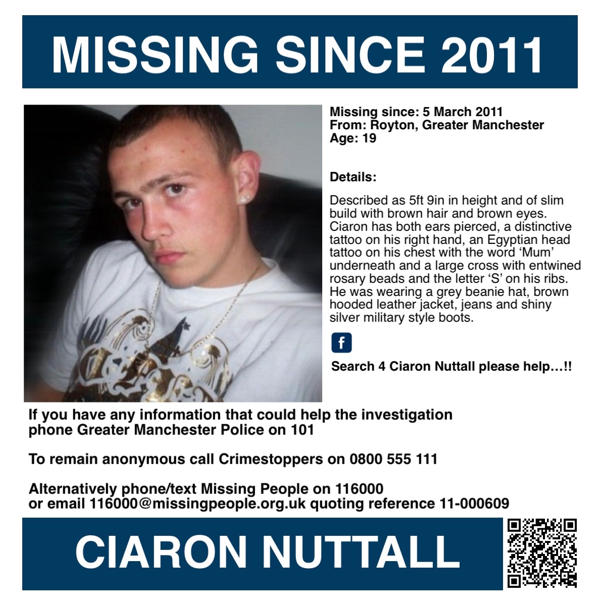 MisPersSupport's tweet photo. It is Ciaron’s birthday today, please keep his family in your thoughts 🙏🏻
 
If you have any information that could help the investigation, contact Greater Manchester Police on 101. If you would prefer to remain anonymous, call Crimestoppers on 0800 555 111 or use their online reporting service (link below). 

Alternatively, phone/text Missing People on 116000 or email 116000@missingpeople.org.uk quoting reference 11-000609. Sightings and information about any missing person can also be given anonymously through the Missing People website (link below).

Missing People:
https://t.co/DnBBSEH6EH

Report a Sighting:
https://t.co/r9m3hZVy5Q

Crimestoppers:
https://t.co/dApb7itpQI 

Facebook:
https://t.co/iGGmuEGv3i

#FindCiaronNuttall #MissingPersonsSupport