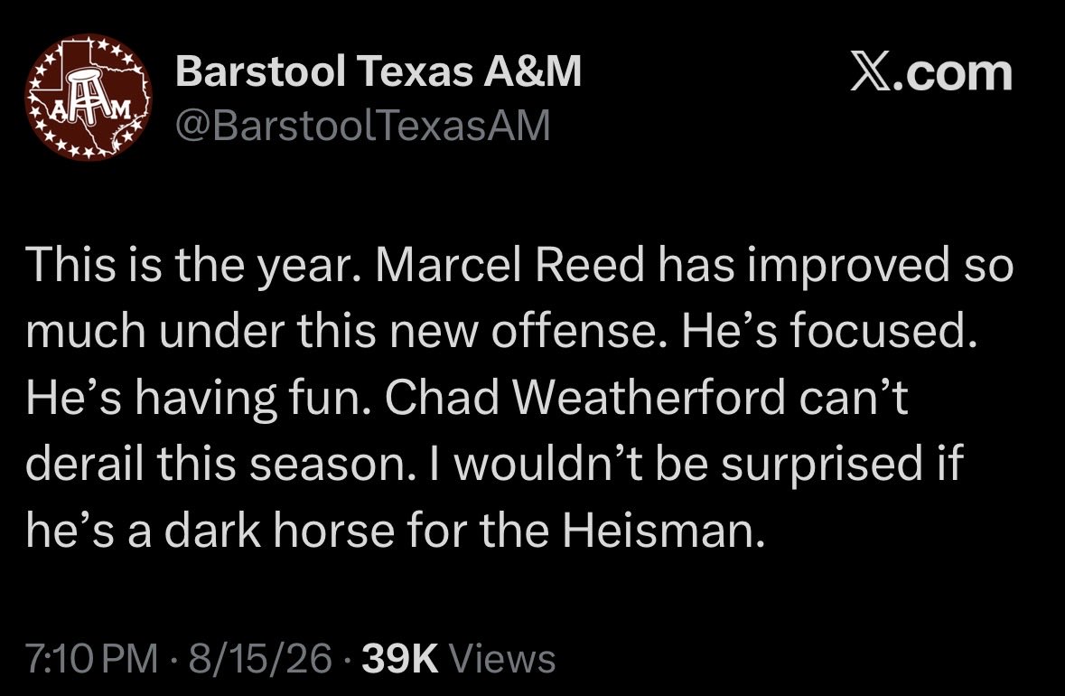 drewmoose152003's tweet photo. @BarstoolTexasAM Your track record on quarterback knowledge is about as accurate as Marcel Reed’s completion percentage. https://t.co/EGKZxhMq5v