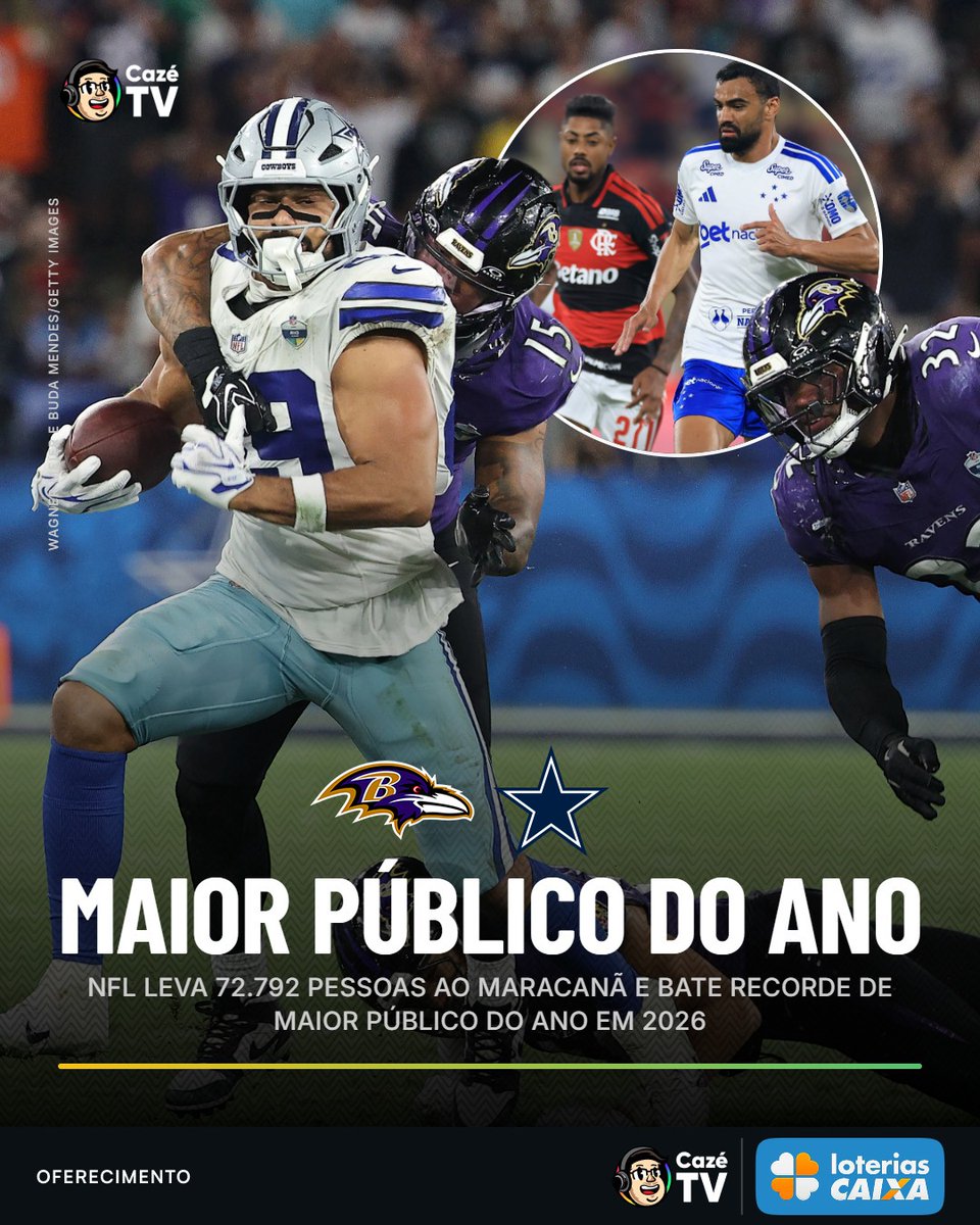 CazeTVOficial's tweet photo. ULTRAPASSOU TODOS OS JOGOS DO FLAMENGO! 👀🔴⚫

Baltimore Ravens x Dallas Cowboys pela NFL levou mais de 72 mil pessoas ao Maracanã e ultrapassou Flamengo x Cruzeiro como o maior público do ano no Brasil! https://t.co/GNUdpxnkq1