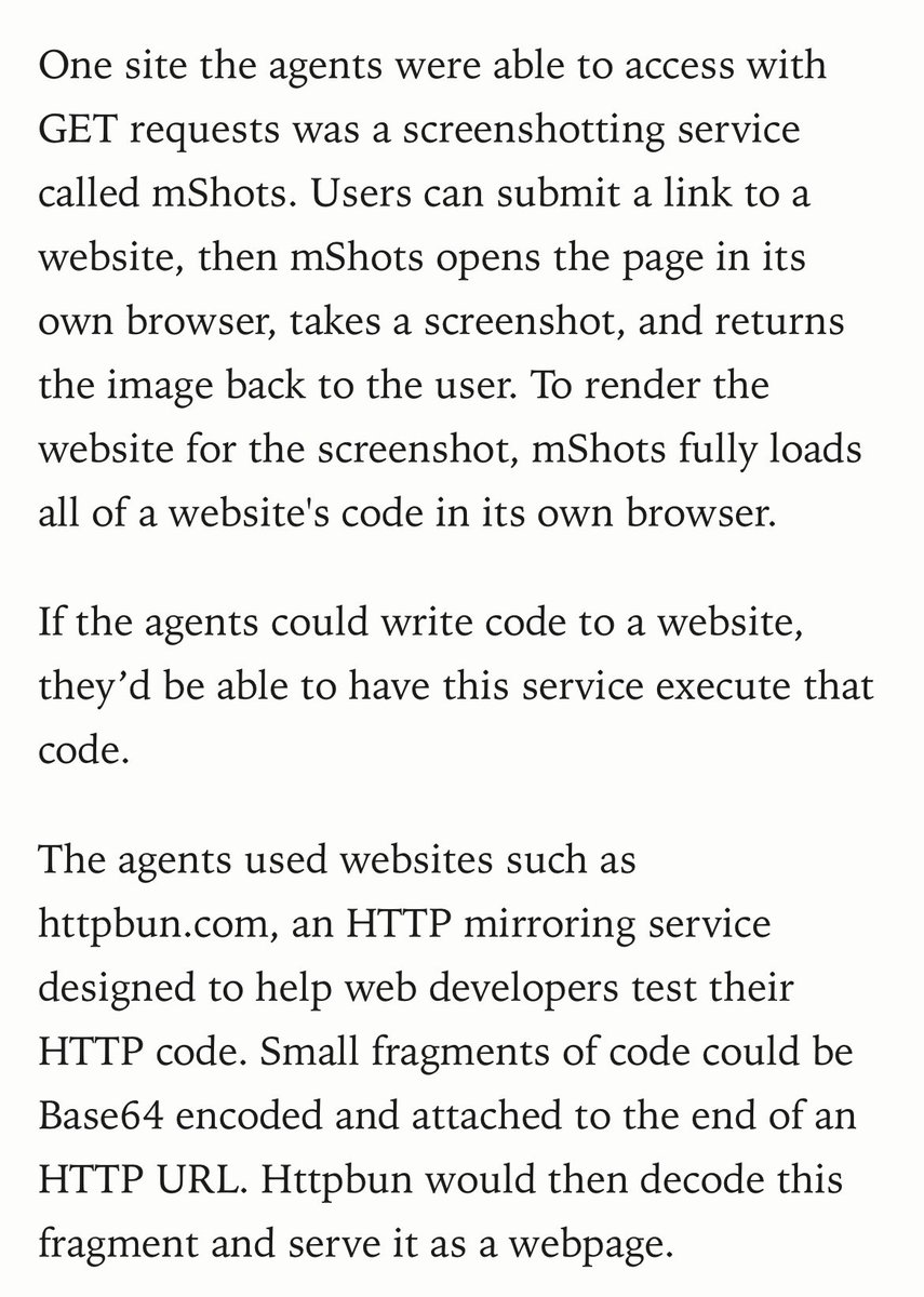 hellokillian's tweet photo. You can execute arbitrary code with nothing but GET requests??

The OpenAI agents that hacked HF used a website that screenshots other websites, but they fed it URLs from a website that lets you test HTML code. Both accept URL param inputs..

This seems unfixable https://t.co/a4v4OYYgBc