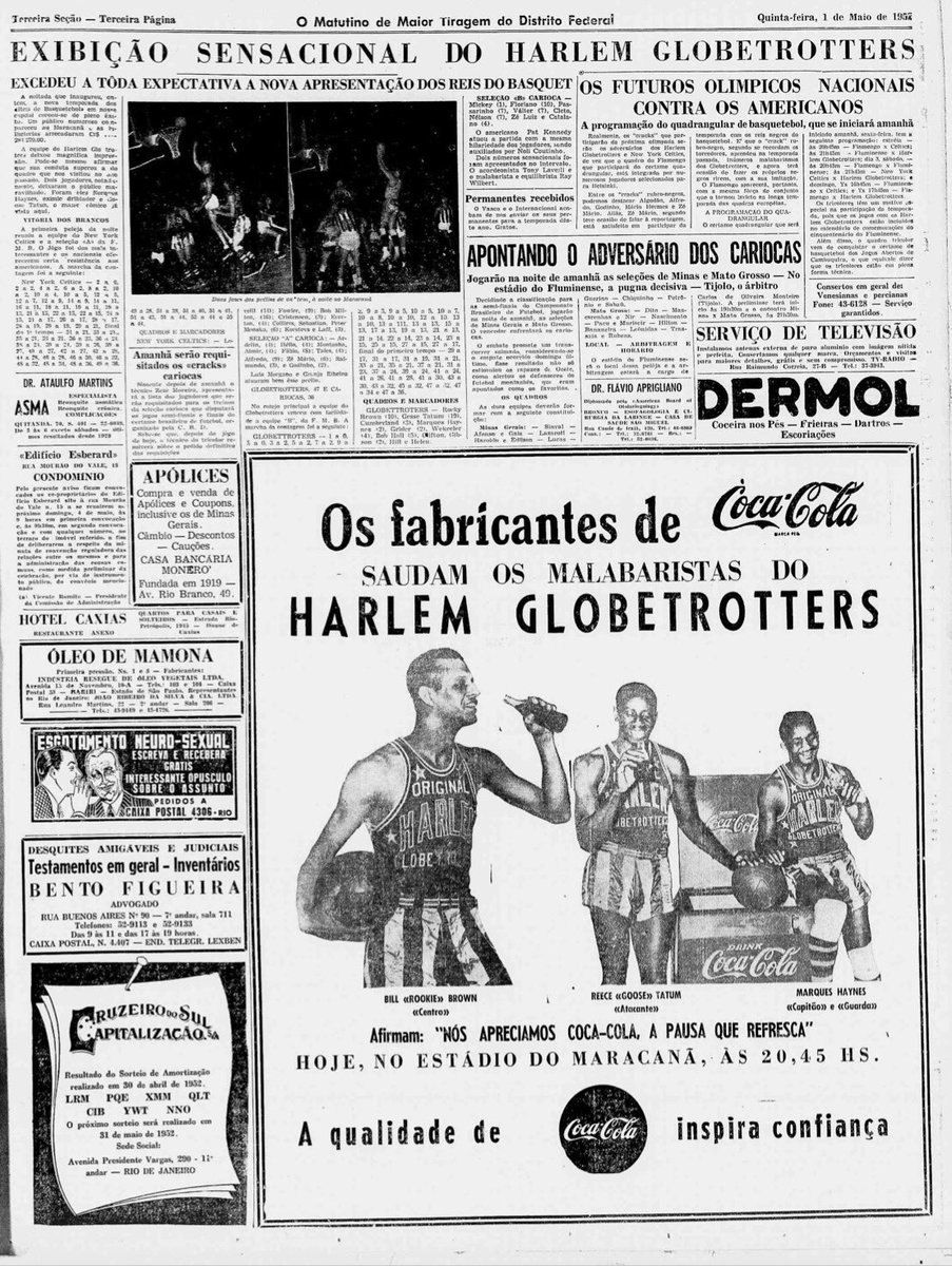 koecohen's tweet photo. @henriqe_predo Já rolou basquete no próprio Maracanã.

Em 1952, uma quadra foi montada sobre o gramado para receber o Harlem Globetrotters.

Teve até quadrangular com Flamengo, Fluminense e New York Celtics. https://t.co/mWJdOZ1VMu