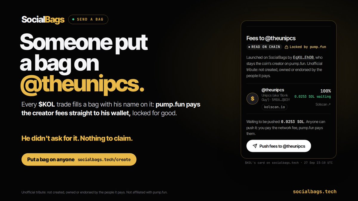 social_bags's tweet photo. Someone put a bag on @theunipcs.

Every $KOL trade fills a bag with his name on it: https://t.co/ym4ae9nC0w pays the creator fees straight to his wallet, locked for good.

He didn't ask for it. Nothing to claim.

Bonk Guy, it's one buy.

Bag anyone: https://t.co/AdKenGcOac https://t.co/i4TSfMHSuW