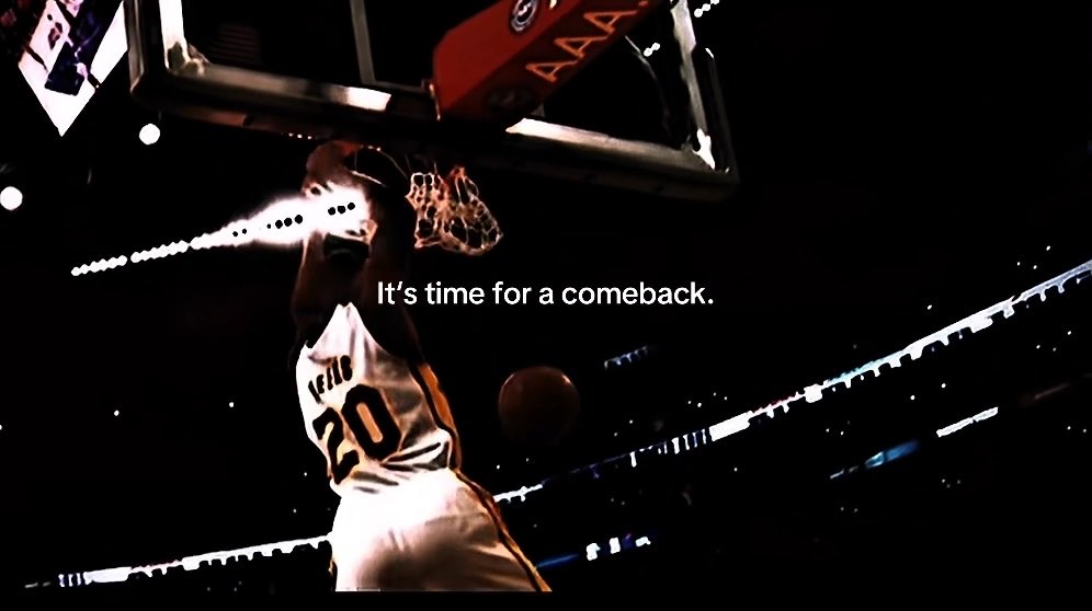 A basketball player in a white jersey (#20) dunks the ball, with the text 'It's time for a comeback.' overlaid on the dark stadium scene.