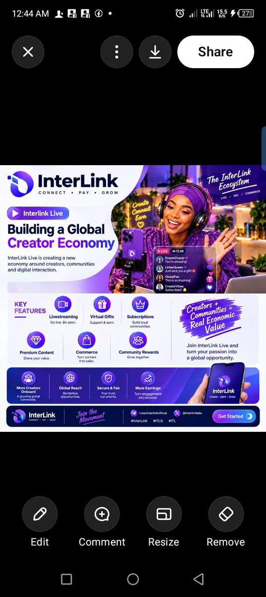 HauwaUmar193340's tweet photo. This image is a modern InterLink Live promotional poster focused on the global creator economy. It highlights livestreaming, virtual gifts, subscriptions, premium content, commerce, and community rewards, showing how creators can connect
#interllink #ITLG #ITL https://t.co/1GNM9AE2ap