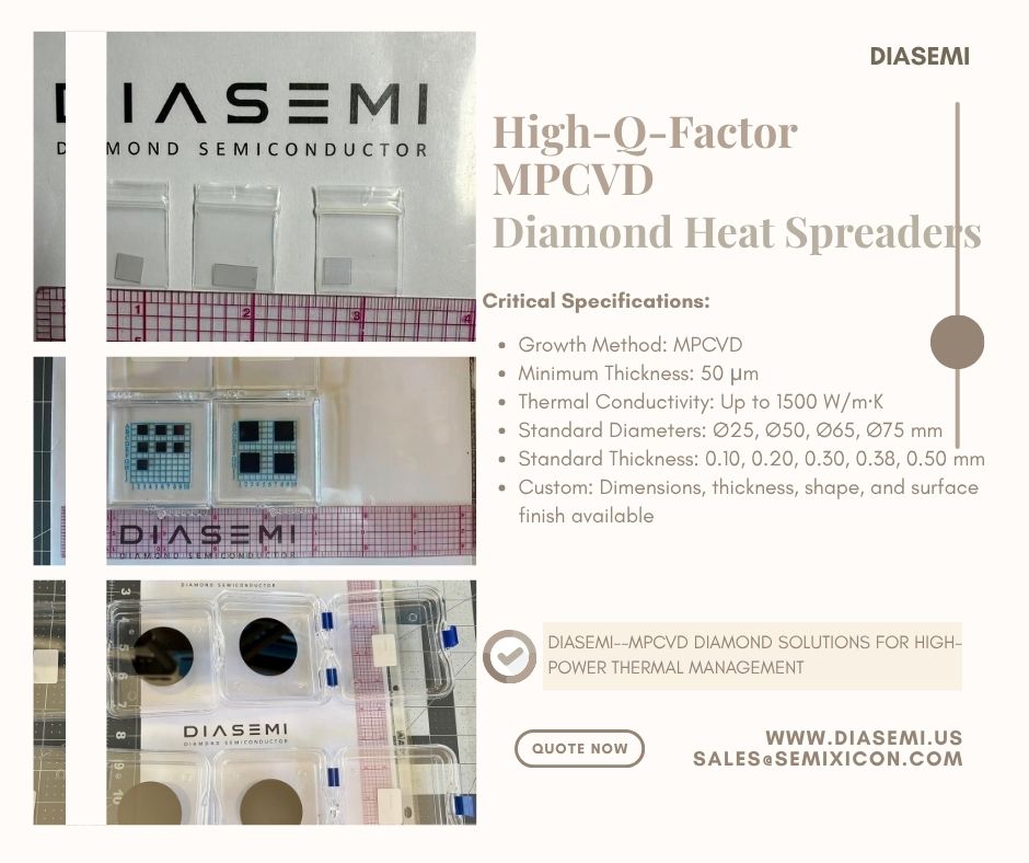 Maryli8868's tweet photo. DIASEMI High-Q-Factor MPCVD Diamond Heat Spreaders
https://t.co/DSDKrzN0NX
#CVDiamond #HeatSpreader #HeatSink #ThermalConductivity #ThermalSpreader #ThermalManagement #DiamondSubstrate #DiamondWafer #DiamondFilm #SyntheticDiamond #themalinterfacemanagement #TIM #RFDevices #LowCTE https://t.co/GnmuUehz2J