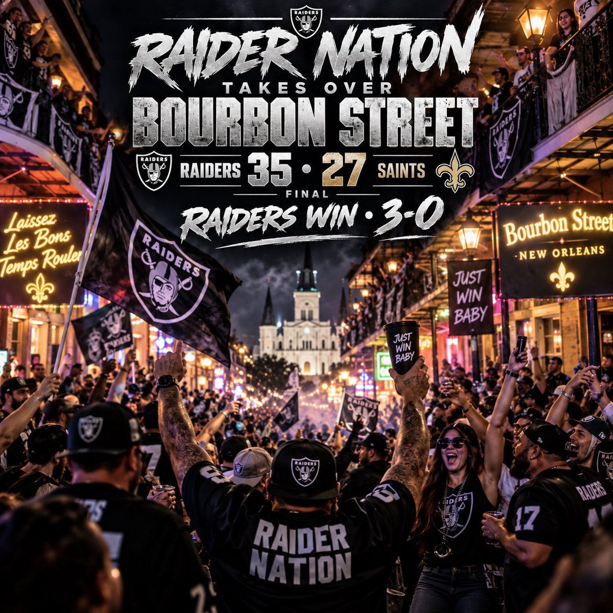 68INCOGNITO's tweet photo. Raider Nation took over Bourbon Street. 🏴‍☠️⚜️

Raiders 35 Saints 27

3-0

Just Win Baby https://t.co/0GICFNejfT