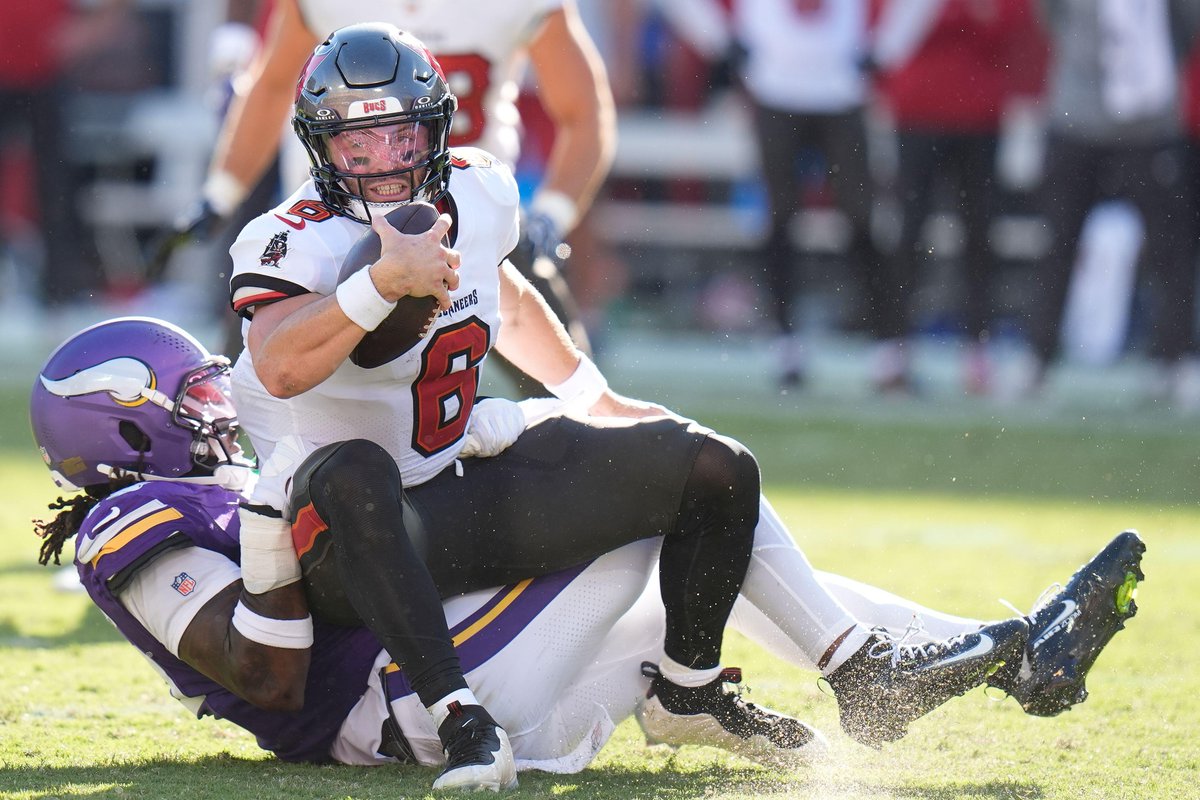 PFF's tweet photo. Most sacks taken this season

Baker Mayfield       13
C.J. Stroud               10
Tyler Shough           10
4 players tied           9 https://t.co/qiMl4nRMyu