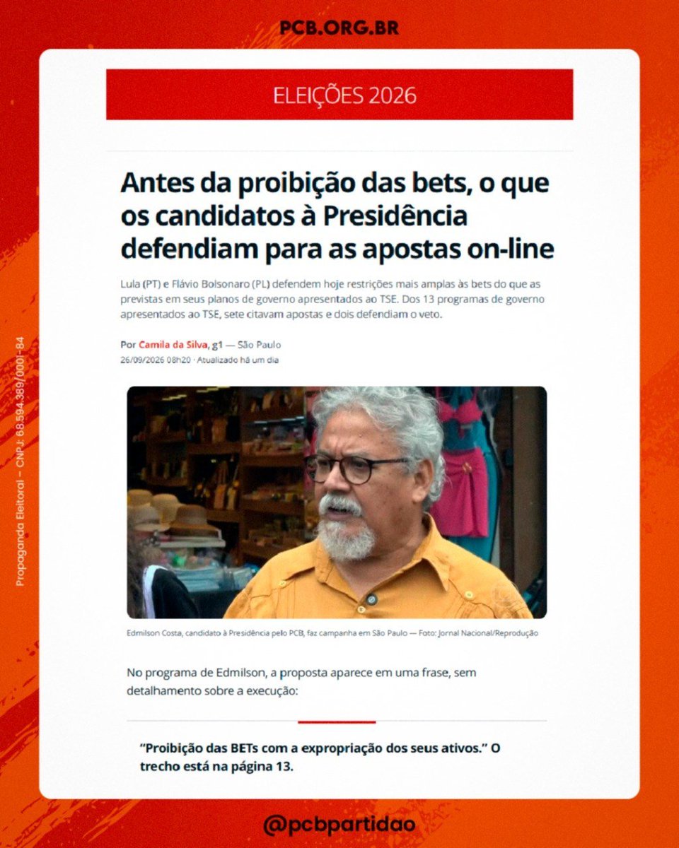 PCBpartidao's tweet photo. A candidatura de Edmilson Costa sempre defendeu a proibição das BETS. Conforme o G1, apenas dois partidos apresentaram a proibição dos jogos online em seu plano de governo, o PCB é um deles.

VOTE 21 - EDMILSON COSTA E CLEUSA SANTOS

#EdmilsonCostaPCB 
#Vote21 
#pcb! https://t.co/GRoszJLeHk