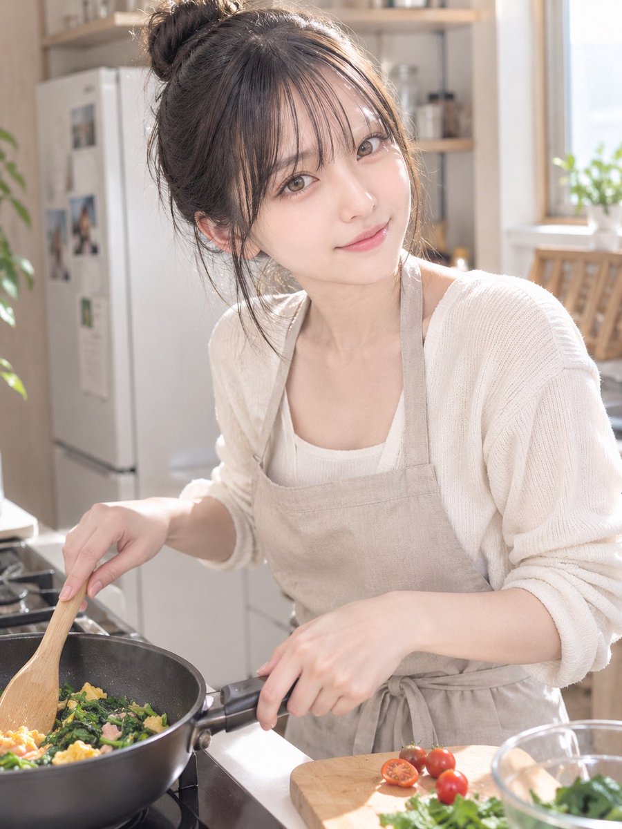 0rxsD4's tweet photo. おはようございます☀️
今日は朝から炒めもの🍳
ほうれん草と卵でパワーチャージ💪
今週もいっしょにがんばろうね！

#AI美女
#月曜日 https://t.co/IebFFe08Zp