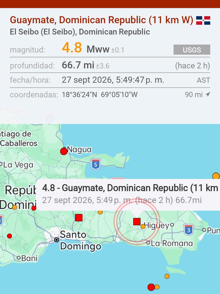 TemporadaCiclon's tweet photo. El fuerte #Temblor que sacudió al Este, Sureste, Noreste y Centro de la República Dominicana esta tarde, fue corregido a la magnitud 4.8, con su epicentro en el Seibo a unos 66 kilómetros de profundidad. 
Hasta el momento no hay daños resportados. #TemblorEnRD https://t.co/Qd6WFev09Q