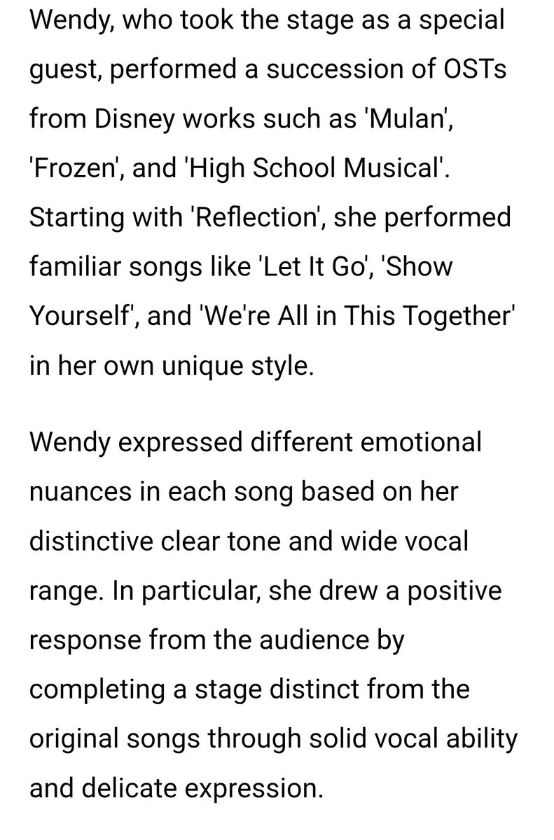 rvelites's tweet photo. [PRESS] Wendy participated as a special guest in 'Disney Hits LIVE!' held in Taipei last 26th and 27th of September. 

'She drew a positive response from the audience by completing a stage distinct from the original songs through solid vocal ability and delicate expression.' 🩵

https://t.co/Z2ISEcAdxj

#WENDY #웬디 #레드벨벳 #RedVelvet  @WENDY_offcl
