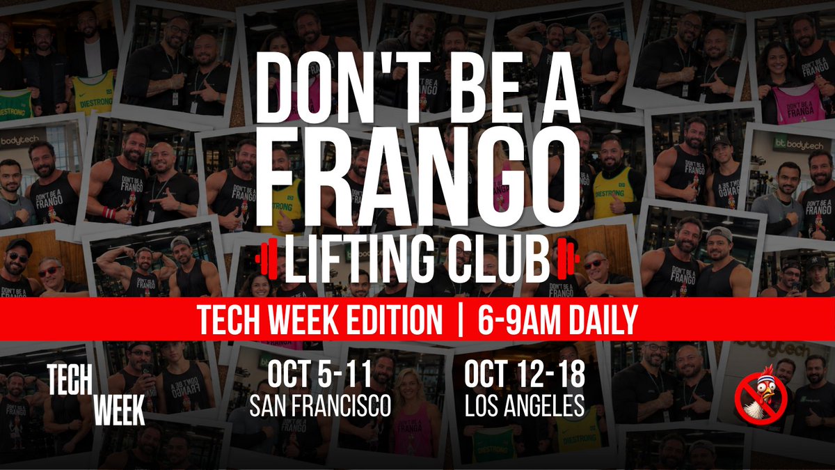 dontfrango's tweet photo. Enough run clubs. Let's lift. 🏋️

Tech Week is packed with runs, yoga, cold plunges and meditation. But where are the events for lifters?

We're bringing the Don't Be a Frango Lifting Club to both cities:

📍 SF: Oct 5–11
📍 LA: Oct 12–18
⏰ 6–9am, drop in anytime

Bring your own program, bring a buddy, or come solo and meet someone new. One workout or the whole week.

No instructor. No guru. No kumbaya. Just iron, sweat, and people who won't let you be a frango.

RSVP below 👇

@Techweek_ #SFTechWeek #LATechWeek #DontFrango