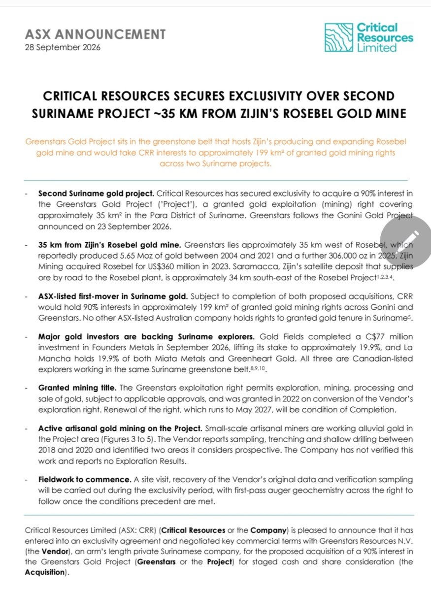 RawMinerals's tweet photo. OMG $CRR snaps up another 35km² of prospective gold tenement, Greenstarts Gold Project, just 35km from Zijin’s 11.6Moz Rosebel Gold Mine.

Project Snapshot 👇
A high-value acquisition USD$800k ✅️
Granted mining licences✅️
35km from Zijin’s Rosebel Gold Mine✅️
Located in a multimillion-ounce gold region✅️
Rosebel operating mine has produced over 5.95Moz of gold✅️
Zijin is referring to it as a satellite deposit, looking to secure year-round feedstock ✅️

DYOR | 0.8c | #Suriname | #Gold | SA