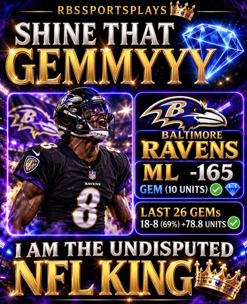 RBsSportsPlays's tweet photo. SHINE THAT GEMMYYY BABYYYYY

Like/Retweet/Comment “NFL KING 👑”

Randomly Giving 2 People $100 🫵🏽

Baltimore Ravens ML GEM 💎 (10 Units)✅

NFL Record 19-7 (73%) +27.2 Units

I AM THE UNDISPUTED NFL KING 👑 

LET’S F*CKING DANCE 🕺🏻 https://t.co/NMUbBEJFfk