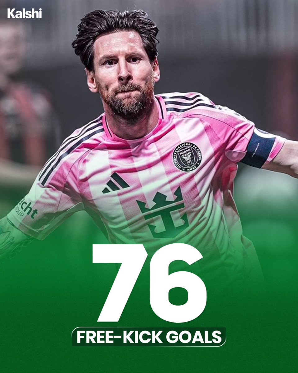 KalshiSports's tweet photo. 🚨| Lionel Messi is now just TWO free-kicks away from becoming the player with the most direct free-kick goals in football history. 🐐🎯 https://t.co/vdttKDOSGi