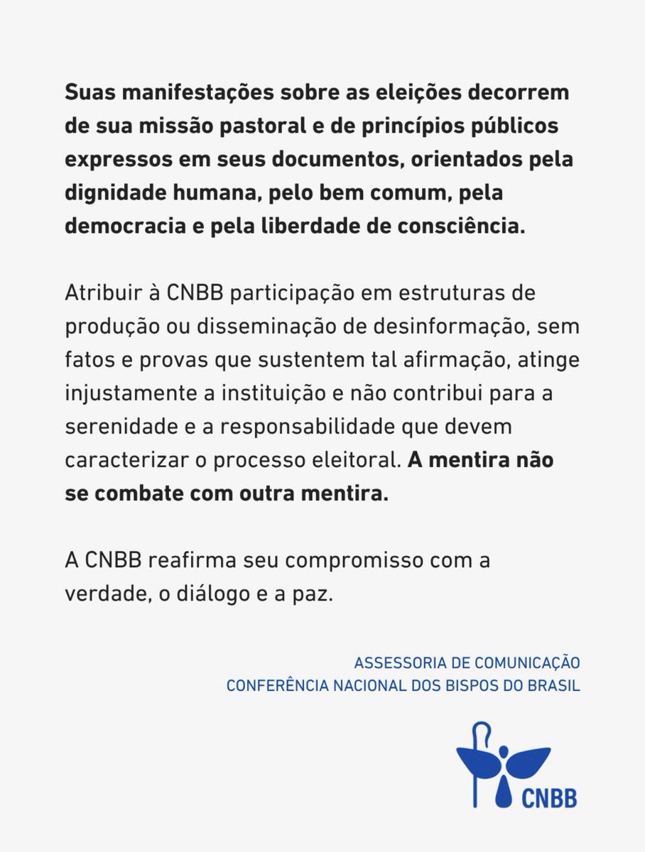 eixopolitico's tweet photo. 🇧🇷 CNBB divulga nota negando envolvimento com boato sobre Nossa Senhora Aparecida.

A entidade afirma não ter produzido, autorizado ou participado da elaboração ou divulgação de informações falsas, repudia esse tipo de conteúdo “independentemente de sua origem” e diz não integrar “qualquer estrutura político-partidária”.