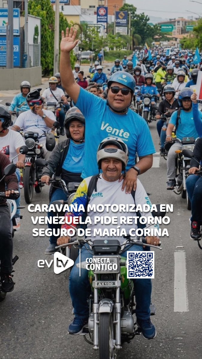 EVTVMiami's tweet photo. 🇻🇪 Oposición tomó las calles para exigir el retorno seguro de María Corina Machado.

🚗 Decenas de ciudadanos se movilizaron en caravanas por todo el territorio nacional bajo la iniciativa “Rodada por la Libertad”, convocada por Vente Venezuela y la plataforma unitaria.

📣 La jornada opositora exigió garantías para el regreso de la líder democrática María Corina Machado, así como la fijación inmediata de un cronograma para comicios libres.

#NoticiasEVTV #MariaCorinaMachado #Venezuela
