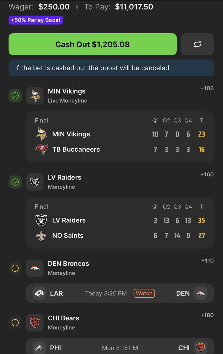 BoostKingX's tweet photo. Broncos and Bears left in the parlay 🙏 

Back to back weekends hitting big on CFB/NFL. Let’s gooooooo https://t.co/fHCC91uzpw