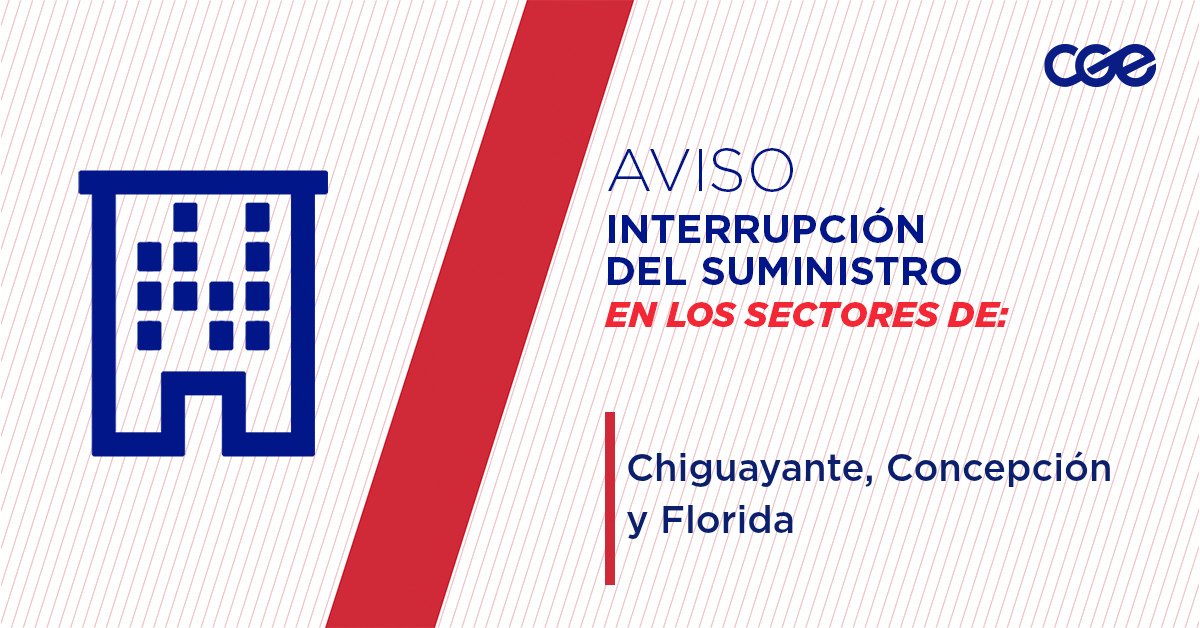CGE_Clientes's tweet photo. Informamos a nuestros clientes de los sectores Ruta 146, Calle 2, Las Palmeras, Calle 1 y Camino a Chaimávida; en las comunas de #Chiguayante, #Concepción y #Florida, la interrupción del suministro eléctrico. Nuestro personal de emergencia ya está informado. https://t.co/5kvO0TVfbL