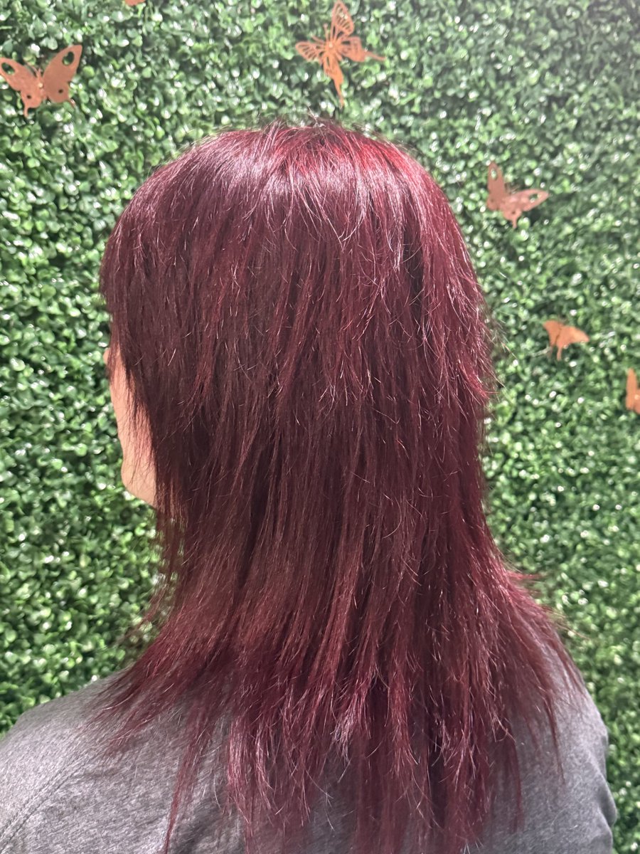 AshleyKHawkins's tweet photo. Ruby red ❤️‍🔥 inside AND outside the salon lighting! Paired with a textured wolf cut for all the movement and attitude. 🔥✂️

#RubyRedHair #WolfCut #TopKnotHairStudio765 #RedHair #BookingNow https://t.co/9bKDPVSAwC