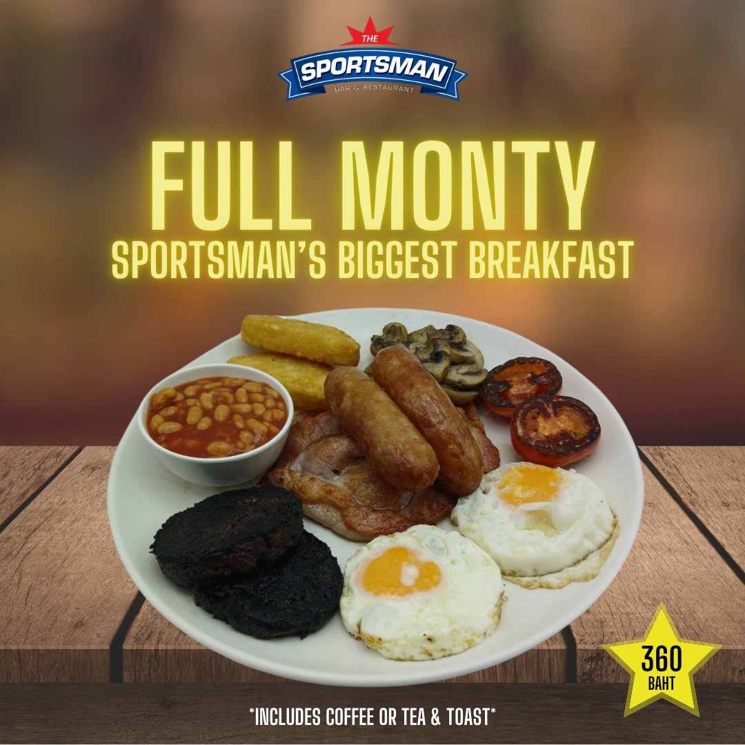 thesportsmanbkk's tweet photo. Full Monty.
The largest breakfast in Sportsman—possibly the entire city of Bangkok.
Features black pudding, toast, mushrooms, tomatoes, bacon, hash browns, and sausages.
#TheSportsmanBangkok #FullEnglishBreakfast #HeartyEats #BangkokBreakfast #BrunchGoals https://t.co/QGLLbFl7fF