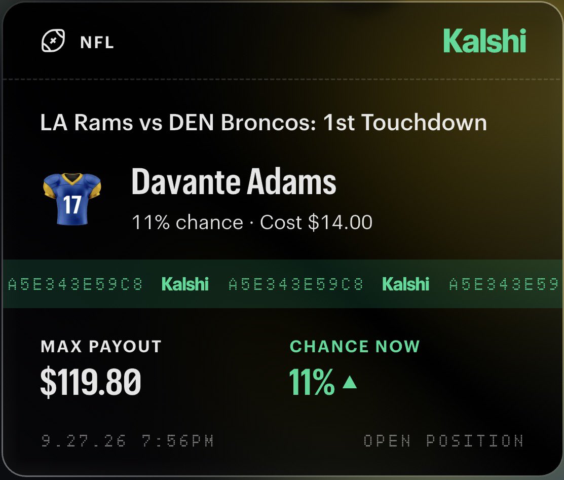 Facecapp's tweet photo. For the NFL lovers out there. 

Saw some dudes that needs Davante First TD to hit for 130k and I don’t want to experience fomo.

So fuck it.

#NFL #Gambling𝕏 https://t.co/l9FjDQtYEw
