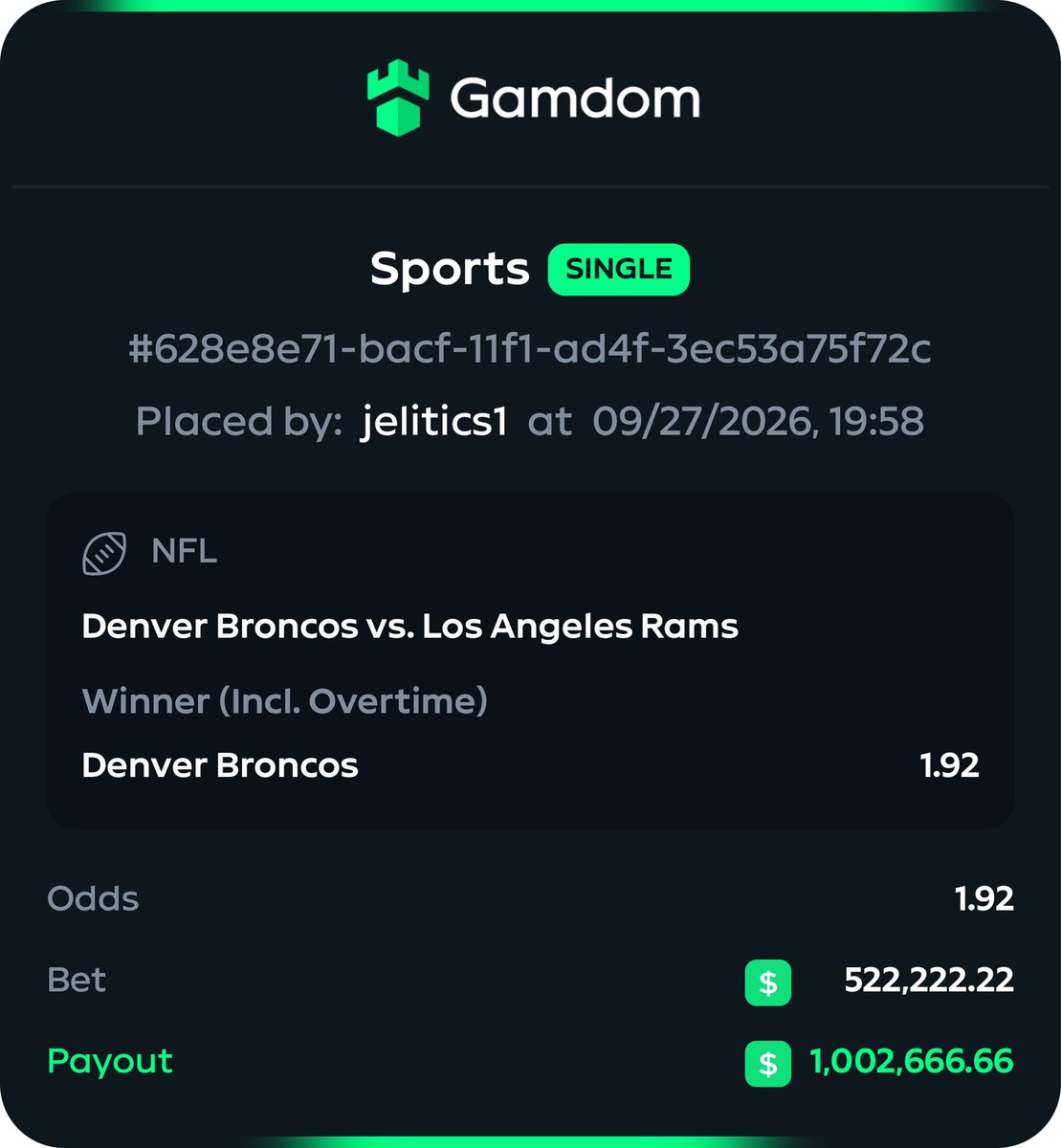 Jelitics's tweet photo. $522,222 on Broncos to beat Rams. https://t.co/mhomhC9ear