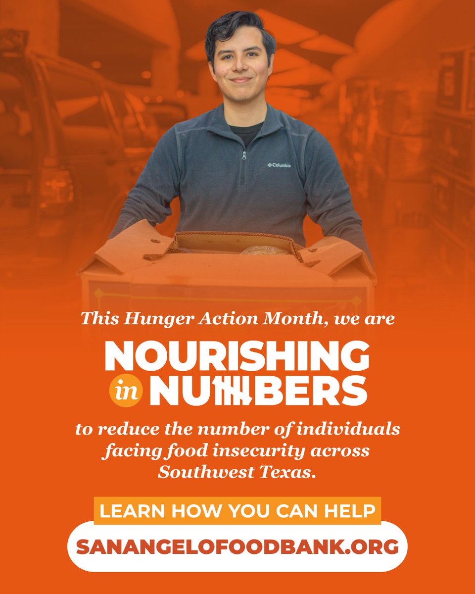 SanAngeloFB's tweet photo. This Hunger Action Month, we are Nourishing in Numbers to reduce the number of individuals facing food insecurity across Southwest Texas. 🧡

Take Action Now
🟧 Volunteer: https://t.co/QnswTFo0Rh
🟧 Donate: https://t.co/QnswTFo0Rh https://t.co/GAUi9ik1yk