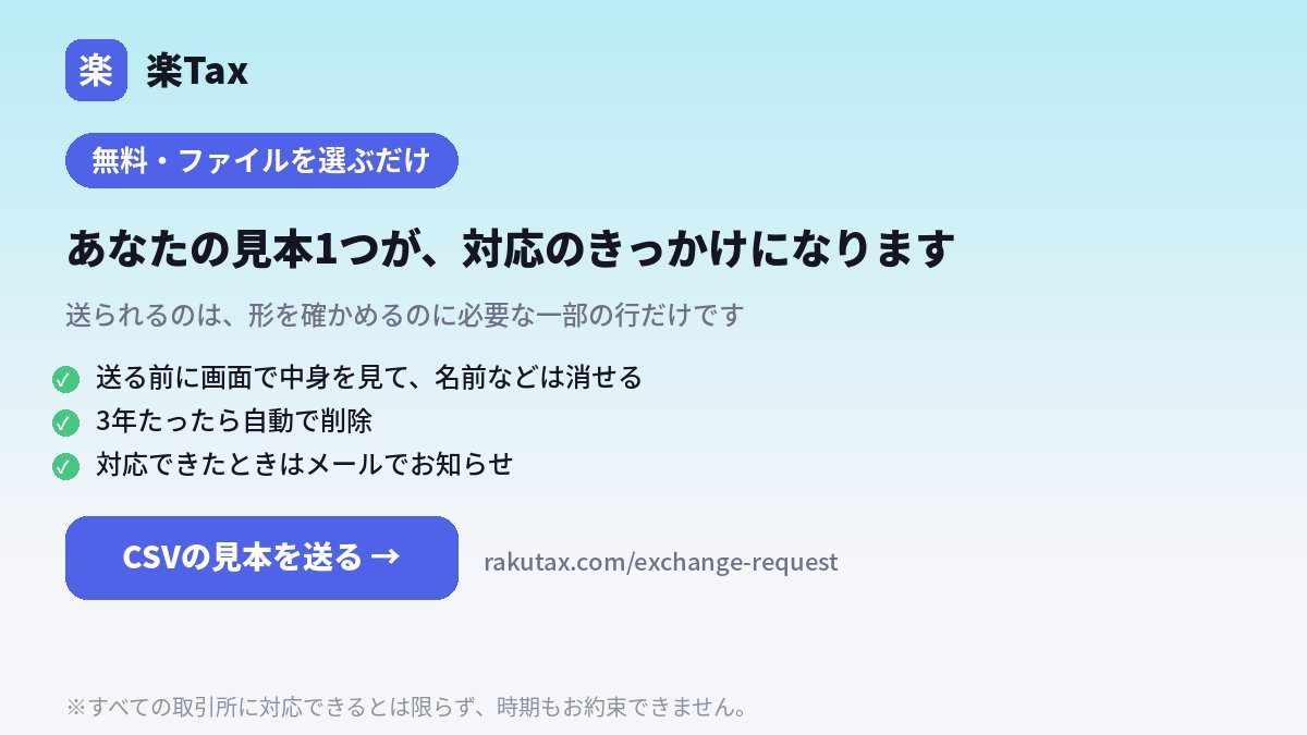 rakutax_jp's tweet photo. 海外の取引所にも、順次対応していきます。

一番多いのは、年251〜500件の取引をしている方です。
その場合、年3,300円で使えるようになります。

件数が多い人ほどお得になります。
年5,000件なら28,700円、年50,000件なら45,200円、他社の最安プランと比べて安くなります。

あなたの見本1つが、対応のきっかけになります。

①取引所から取引履歴（CSV）をダウンロード
②Excelなどで開いて、1〜2行だけ残す
③金額・数量の数字を0や適当な値に書き換えるてもだいじょうぶです。そのまま送っていただいてもかまいません。（列の並びはそのまま）
④保存してHPから送る

・3年たったら自動で削除します
・対応できたときはメールでお知らせします

CSVの見本送付はこちらから 
→ https://t.co/Xhc7svO6Q5

※対応時期は取引所によって異なります。すべての取引所に対応できるとは限らず、時期もお約束できません。