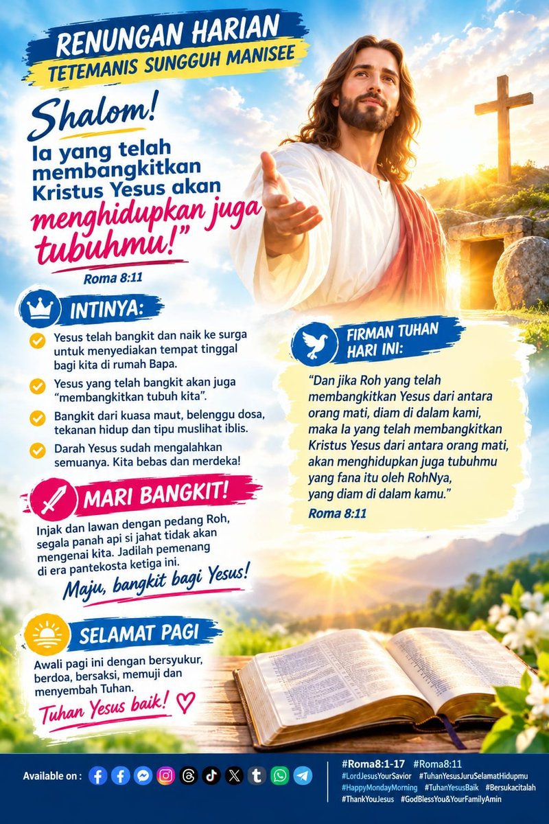 lemuel_marthen's tweet photo. RENUNGAN HARIAN TETEMANIS SUNGGUH MANISEE

Shalom! Ia yang telah membangkitkan Kristus Yesus akan menghidupkan juga tubuhmu!
.
.
#Roma8:1-17
#Roma8:11
#LordJesusYourSavior
#TuhanYesusJuruSelamatHidupmu
#HappyMondayMorning

               https://t.co/Ka7jtTLw6d https://t.co/L5Eu73h13N