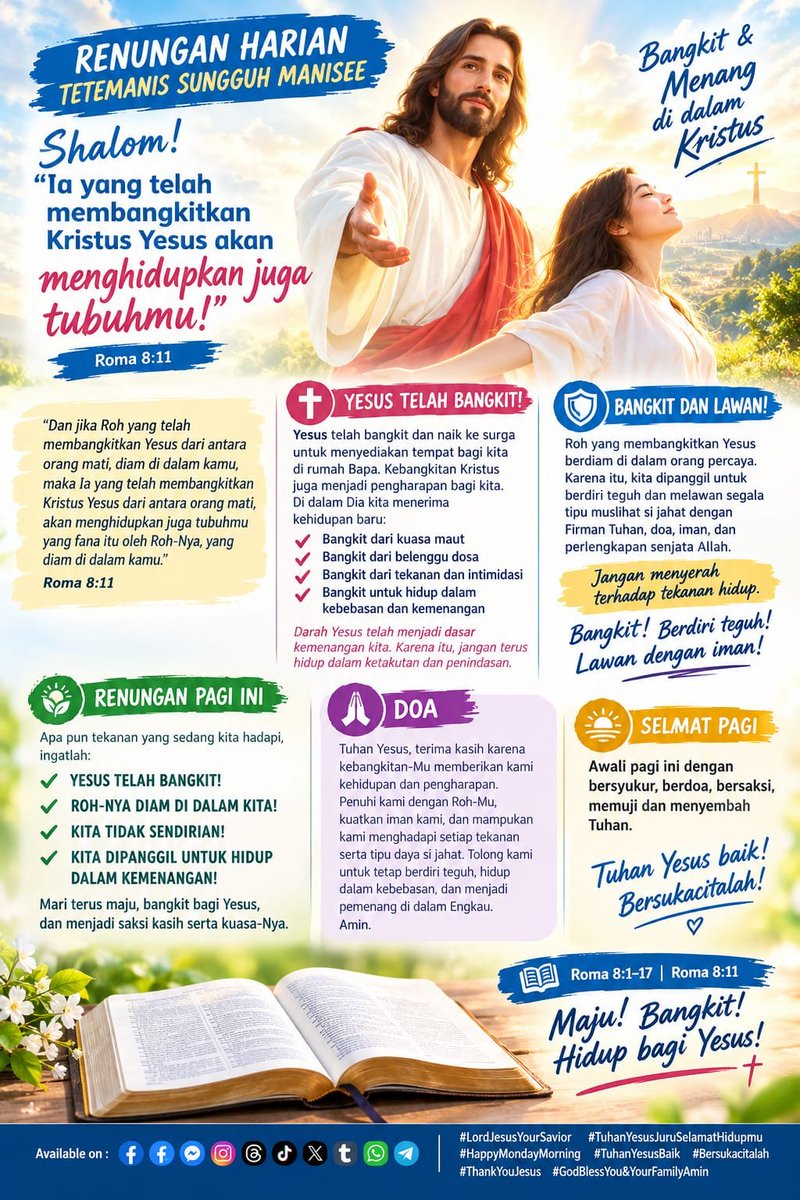 lemuel_marthen's tweet photo. RENUNGAN HARIAN TETEMANIS SUNGGUH MANISEE

Shalom! Ia yang telah membangkitkan Kristus Yesus akan menghidupkan juga tubuhmu!
.
.
#Roma8:1-17
#Roma8:11
#LordJesusYourSavior
#TuhanYesusJuruSelamatHidupmu
#HappyMondayMorning

               https://t.co/Ka7jtTLw6d https://t.co/L5Eu73h13N