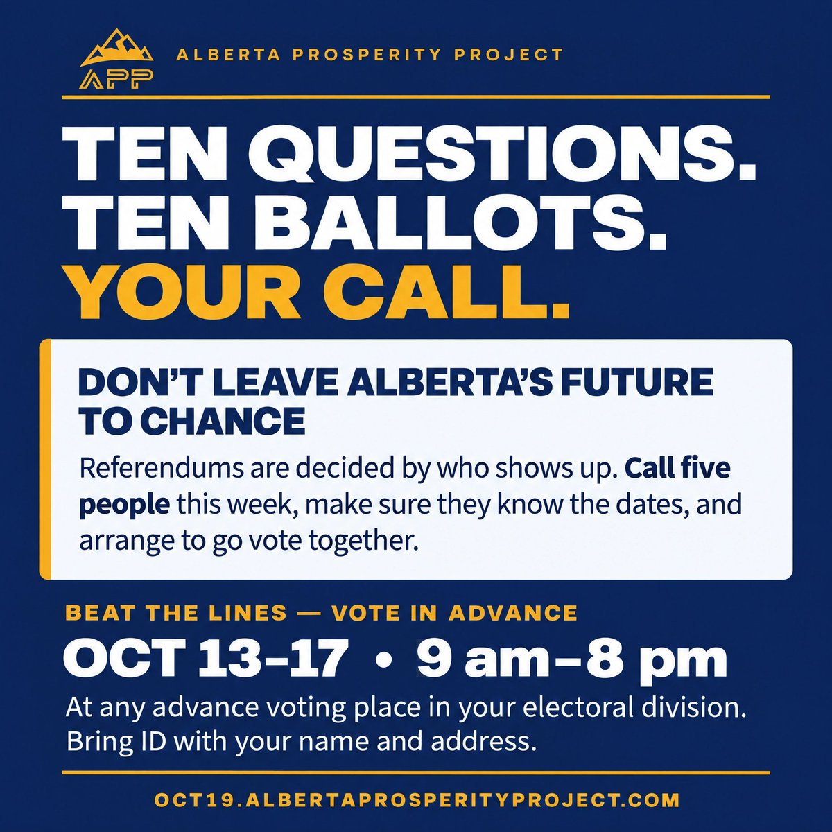 ABProsperityPrj's tweet photo. The future is in our hands. Don't forget to vote. Call five people this week, make a plan, and go vote together.
Ten questions. Ten ballots. Your call.
Learn more: https://t.co/aO8iGSQu3e
#Alberta #GetOutAndVote #ourfuture https://t.co/GDoEySwV6O