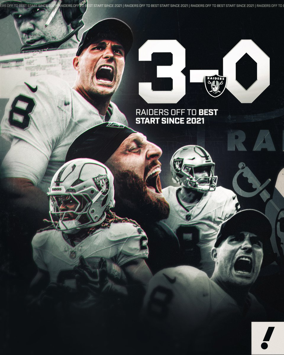 YahooSports's tweet photo. DON'T LOOK NOW BUT THE RAIDERS ARE 3-0 WITH KLINT KUBIAK AND KIRK COUSINS 🏴‍☠️ 

It's Las Vegas' best start since 2021, the same year they last made the playoffs 🎰 https://t.co/7La7FMTQPz