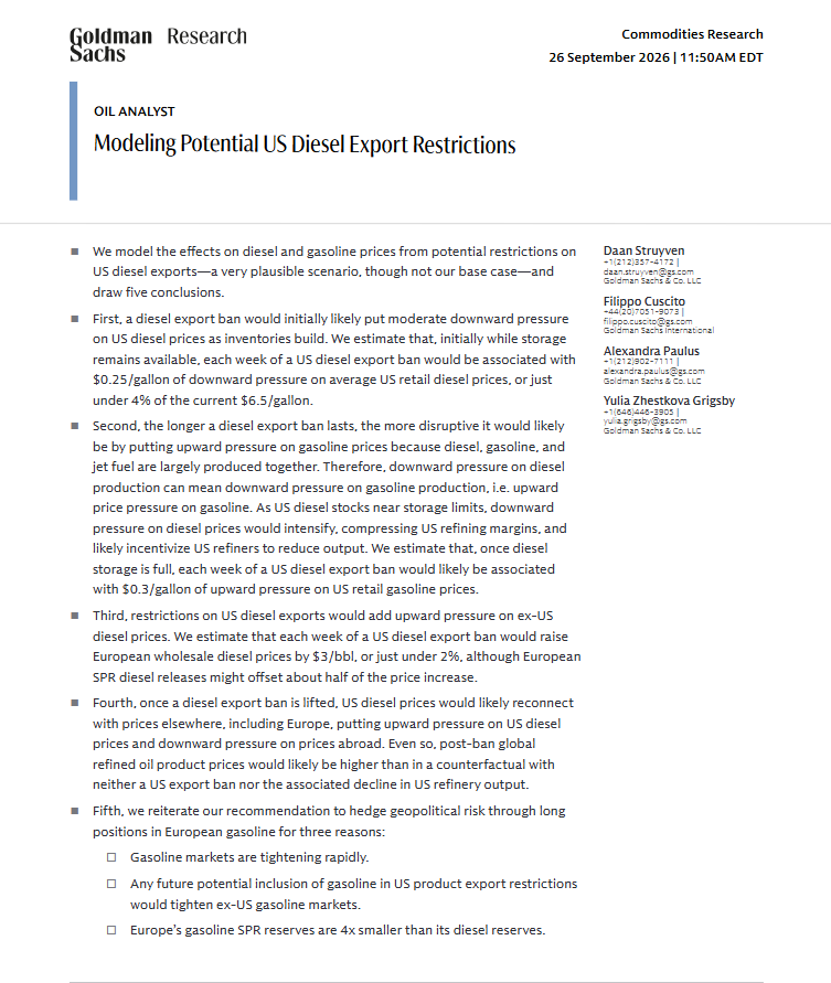 CRUDEOIL231's tweet photo. Goldman on US diesel export restrictions

#oott #iran https://t.co/QLZJRbcOn5