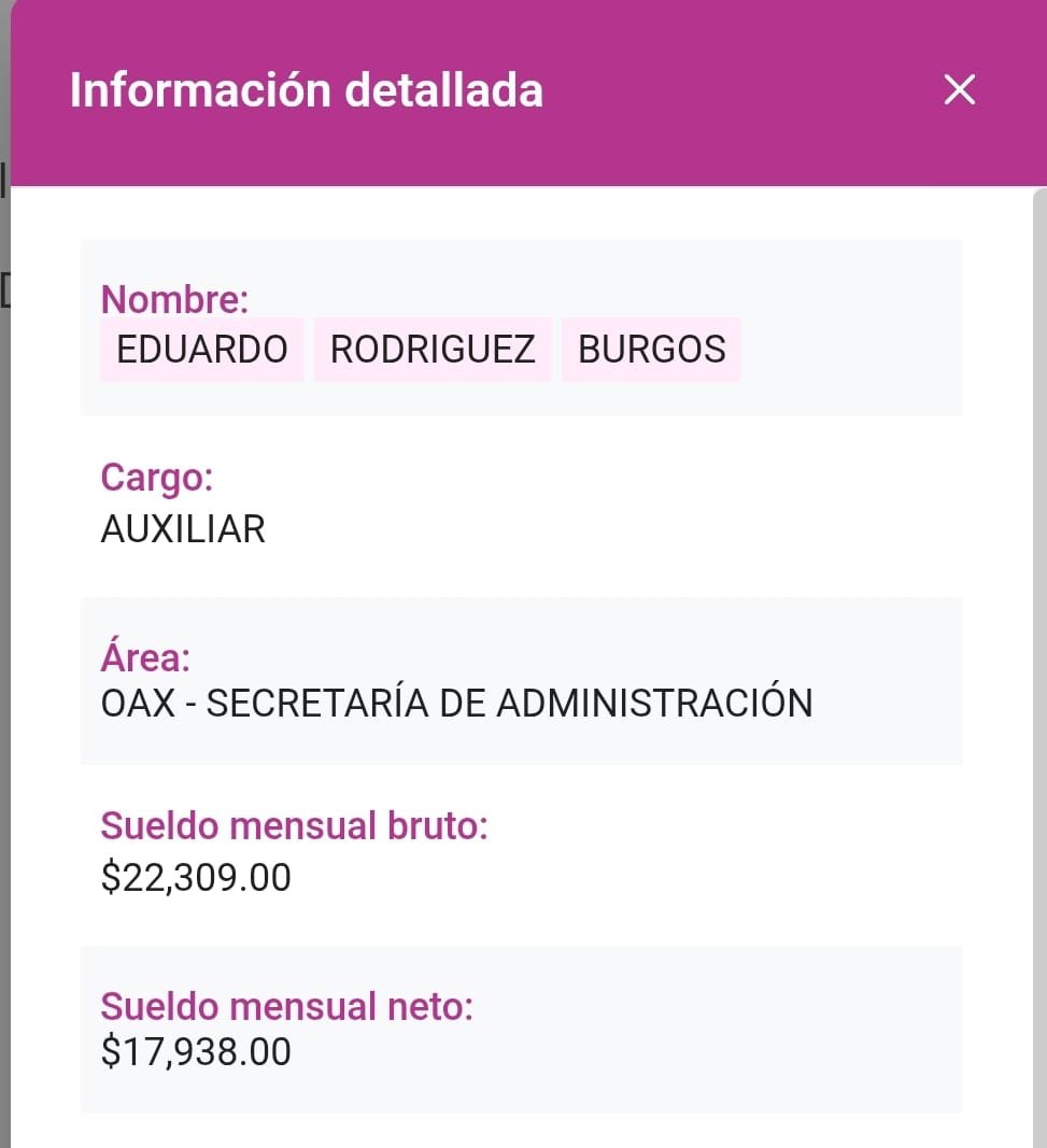 InquisidorOax's tweet photo. ÚLTIMA HORA: ESPOSO DE LA NUEVA TITULAR DEL IEEPO FERNANDA CHÁVEZ APARECE CON DOS PLAZAS Y SUELDOS POR 74 MIL PESOS AL MES

EDUARDO RODRÍGUEZ BURGOS FIGURA COMO DIRECTOR DE EDUCACIÓN A DISTANCIA DEL CECYTEO Y COMO AUXILIAR EN LA SECRETARÍA DE ADMINISTRACIÓN; LA NUEVA ENCARGADA DEL IEEPO COMIENZA SU GESTIÓN BAJO OTRO CUESTIONAMIENTO

Sayda Morales Bustamante

El esposo de Magdala Fernanda Chávez Cruz, nueva encargada del despacho del Instituto Estatal de Educación Pública de Oaxaca, aparece registrado en dos cargos dentro de la administración pública estatal, con remuneraciones que en conjunto alcanzan los 74 mil 97 pesos brutos mensuales.

Se trata de Eduardo Rodríguez Burgos, identificado en una primera ficha como director de Educación a Distancia del Colegio de Estudios Científicos y Tecnológicos del Estado de Oaxaca (CECyTEO), con un salario bruto mensual de 51 mil 788 pesos y una percepción neta de 39 mil 845 pesos.

En un segundo registro, el mismo nombre aparece como auxiliar de la Secretaría de Administración del Gobierno de Oaxaca, con un salario bruto de 22 mil 309 pesos y un ingreso neto de 17 mil 938 pesos mensuales.

La suma de ambas fichas asciende a 74 mil 97 pesos brutos y 57 mil 783 pesos netos cada mes.

Los registros colocan a Rodríguez Burgos simultáneamente dentro de dos áreas distintas de la estructura gubernamental: una dirección vinculada al sistema educativo estatal y una plaza administrativa dentro del Gobierno de Oaxaca.

El hallazgo obliga a revisar las fechas de alta, los periodos pagados, los horarios laborales, las listas de asistencia, las funciones efectivamente desempeñadas y la existencia de un dictamen de compatibilidad que permita determinar si ambos cargos fueron ejercidos y cobrados al mismo tiempo.

Eduardo Rodríguez Burgos es esposo de Fernanda Chávez Cruz, quien acaba de ser colocada al frente del IEEPO, una de las instituciones con mayor presupuesto, estructura laboral y capacidad de operación política en Oaxaca.

Fernanda Chávez no llega al IEEPO con una hoja en blanco. Durante su paso por la Secretaría de Educación Pública estatal, su administración quedó marcada por la publicación de más de 30 mil CURP completas, correspondientes principalmente a adolescentes aspirantes del programa “Mi Derecho, Mi Lugar”.

Ahora, mientras asume el control administrativo del IEEPO, el nombre de su esposo aparece cobrando relevancia en dos espacios gubernamentales.

El CECyTEO y la Secretaría de Administración deben exhibir los nombramientos de Eduardo Rodríguez Burgos, sus fechas de ingreso, horarios, centros de trabajo, reportes de asistencia, comprobantes de pago y cualquier autorización de compatibilidad laboral.

Fernanda Chávez comienza su gestión en el IEEPO acompañada por un expediente familiar que ya aparece repartido entre dos nóminas públicas.

Una funcionaria llega a controlar la educación básica de Oaxaca.

Su esposo, mientras tanto, aparece en dos escritorios del mismo gobierno.

Y ambos cargos se pagan con dinero público.

#Oaxaca #IEEPO 

@salomonj @Fiscaloaxaca @RaulBCCue @RenchoPalacios  @Nino_Morales1 @saymipinedav @GobOax @jesusromerooax @Claudiashein  @efektoaguila @Bravo_mm @DimePetri @JJDiazMachuca @PeatonVigilante @SEGOB_mx @HonestidadOax @lumendoz @ASFE_OAXACA @Admon_GobOax @rito_noel  @OHarfuch @SEP_mx @EducacionPubOax @IEEPOGobOax