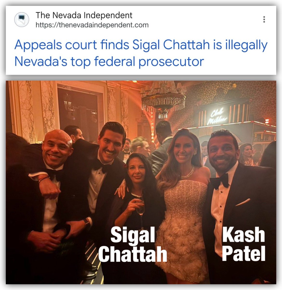 GenXGirl1994's tweet photo. WTF IS KASH PATEL DOING?

FBI Director Kash Patel is partying with the Israeli, Sigal Chattah who helped the Israeli pedo Tom Alexandrovich escape back to Israel.

Last month, the 9th Circuit ruled Sigal Chattah was illegally operating as Nevada U.S. Attorney. https://t.co/VAOvnFzpzF
