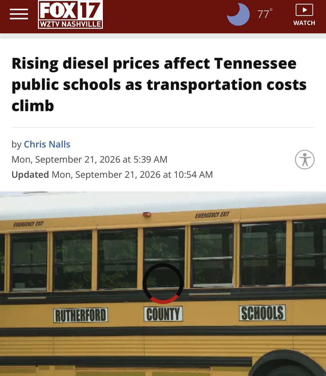 TheTNHoller's tweet photo. ⛽️ 🚌 FOX NASHVILLE: “Rising diesel prices affect Tennessee public schools… could cost Rutherford County Schools an additional $250,000 to $300,000…”

The Trump tax is real. 

https://t.co/7qkGp7ltIx https://t.co/saKTK2JOIe