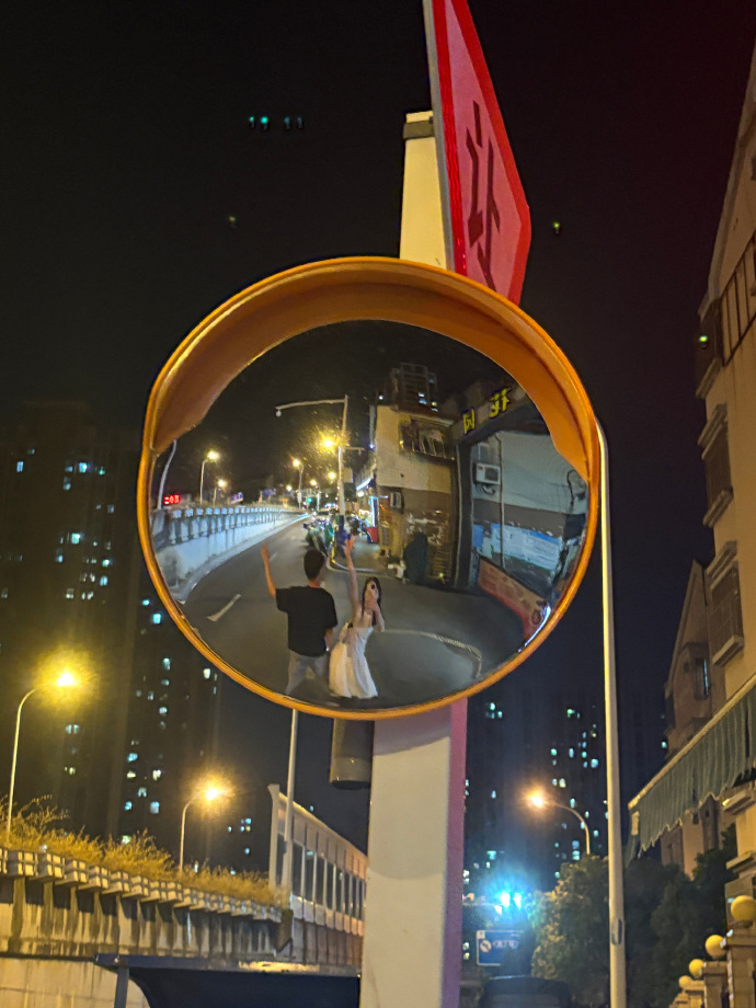 borichacuple's tweet photo. This convex mirror by the fence shows the neighbor lying as we walk past. https://t.co/yGx3SZIVPV