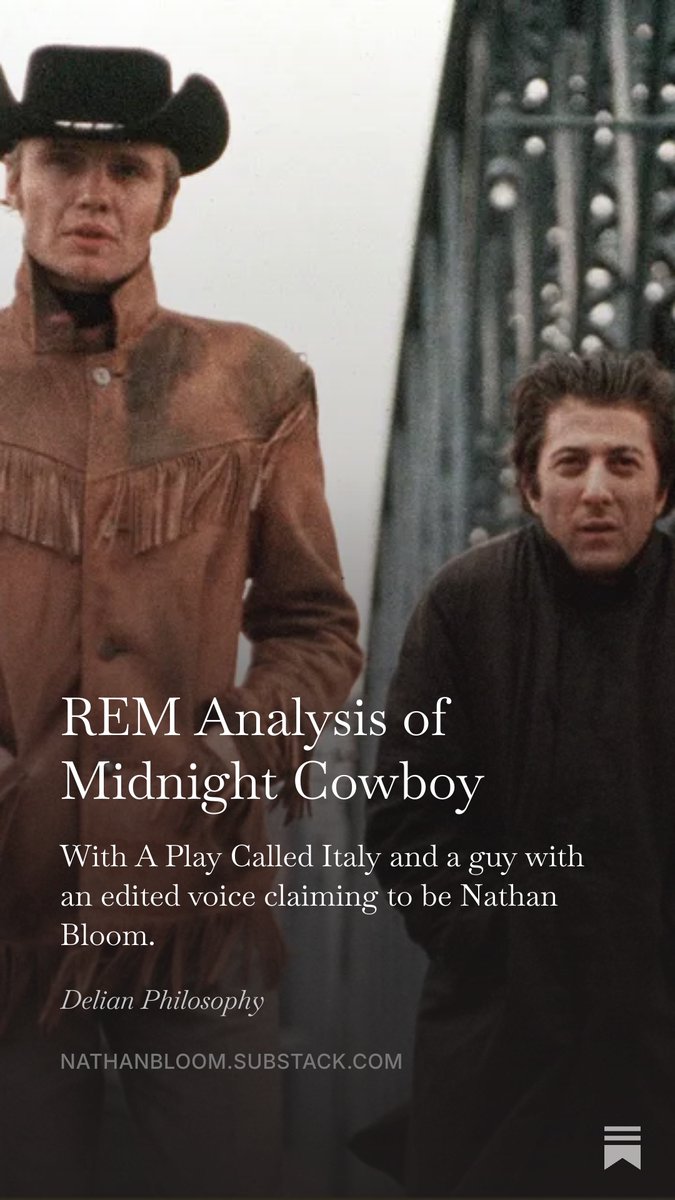 NathanielABloom's tweet photo. REM Analysis audio of Midnight Cowboy, by 'A Play Called Italy' and a guy with an edited voice claiming to be Nathan Bloom.
https://t.co/QuiZD6JnOy