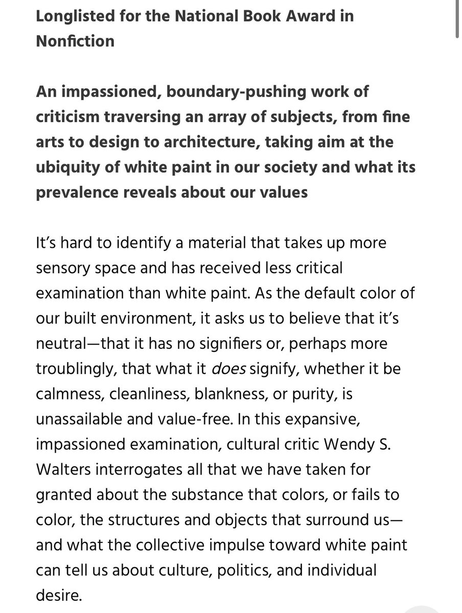 MegKeene's tweet photo. I had to look “Dead White: An Argument Against White Paint” to believe that it was a real book, and when I tried to read this description out loud I started laughing so hard I was unable to speak.

This is what we’re long listing for the National Book Award, ladies and gents. https://t.co/fdbdnZ4Wlr