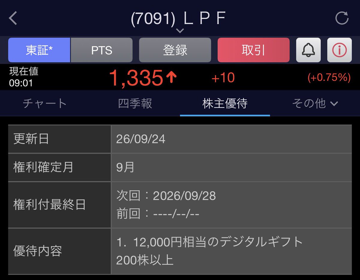 onimaruch's tweet photo. LPF(7091) 本日9/28が権利付最終日
200株買えば12,000円分のデジタルギフトが貰えます。タイミングを伺ってます👁️

※こちらは僕のオプチャで教えてもらった情報です
https://t.co/HFwEvf8qfX https://t.co/i4UrVtFKGG