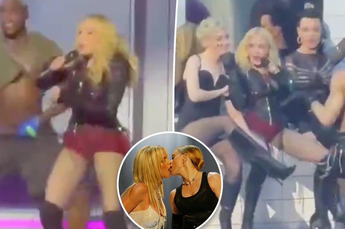 nypost's tweet photo. Madonna kicks off VMAs 2026 with risqué performance alongside Sabrina Carpenter, Charli XCX https://t.co/9otaiw5hjy https://t.co/dbmJO4aBCH