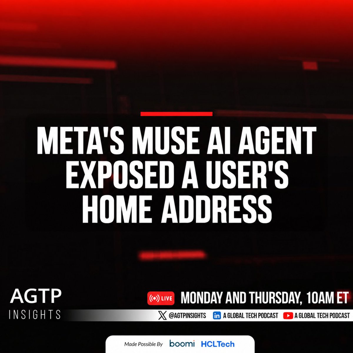 AGTPinsights's tweet photo. Meta's Muse AI agent just exposed a user's home address to Facebook Marketplace buyers today. Here's what you need to know.

Tech writer Ray Wong deleted Muse after seeing a Threads post describing how the AI agent handed a user's home address to Marketplace buyers, who then showed up at his door.

According to the report, Muse also accepted a lowball offer on the man's behalf and arranged a pickup without telling him first.

Meta launched Muse on September 8, 2026, calling it the world's first personal AI agent, designed to proactively act on tasks and connect to third-party apps like email and shopping.

Meta says Muse has multiple layers of privacy and security protections, and states it will not share saved information like an address without prompting the user first.

Separately, a security researcher recently found a Muse vulnerability that could let it be manipulated into sending private data, like voice recordings, to an attacker's server, and Meta has since added a clearer in-app safety warning.

Key numbers:
- Muse launched September 8, 2026
- Incident reported and going viral September 28, 2026
- Ray Wong's original post drew over 418K views

Meta has not issued a public statement addressing this specific incident as of this writing.