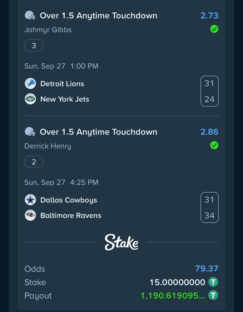 EVPlusData's tweet photo. 27/09 EV+ | Double TDs lay 

(+7837 | 79.37) 💚💚💚💚

Jahmyr Gibbs — Over 1.5 Anytime Touchdown
Derrick Henry — Over 1.5 Anytime Touchdown
Kenneth Walker — Over 1.5 Anytime Touchdown
Josh Allen — Over 1.5 Anytime Touchdown https://t.co/7543DBtuzq