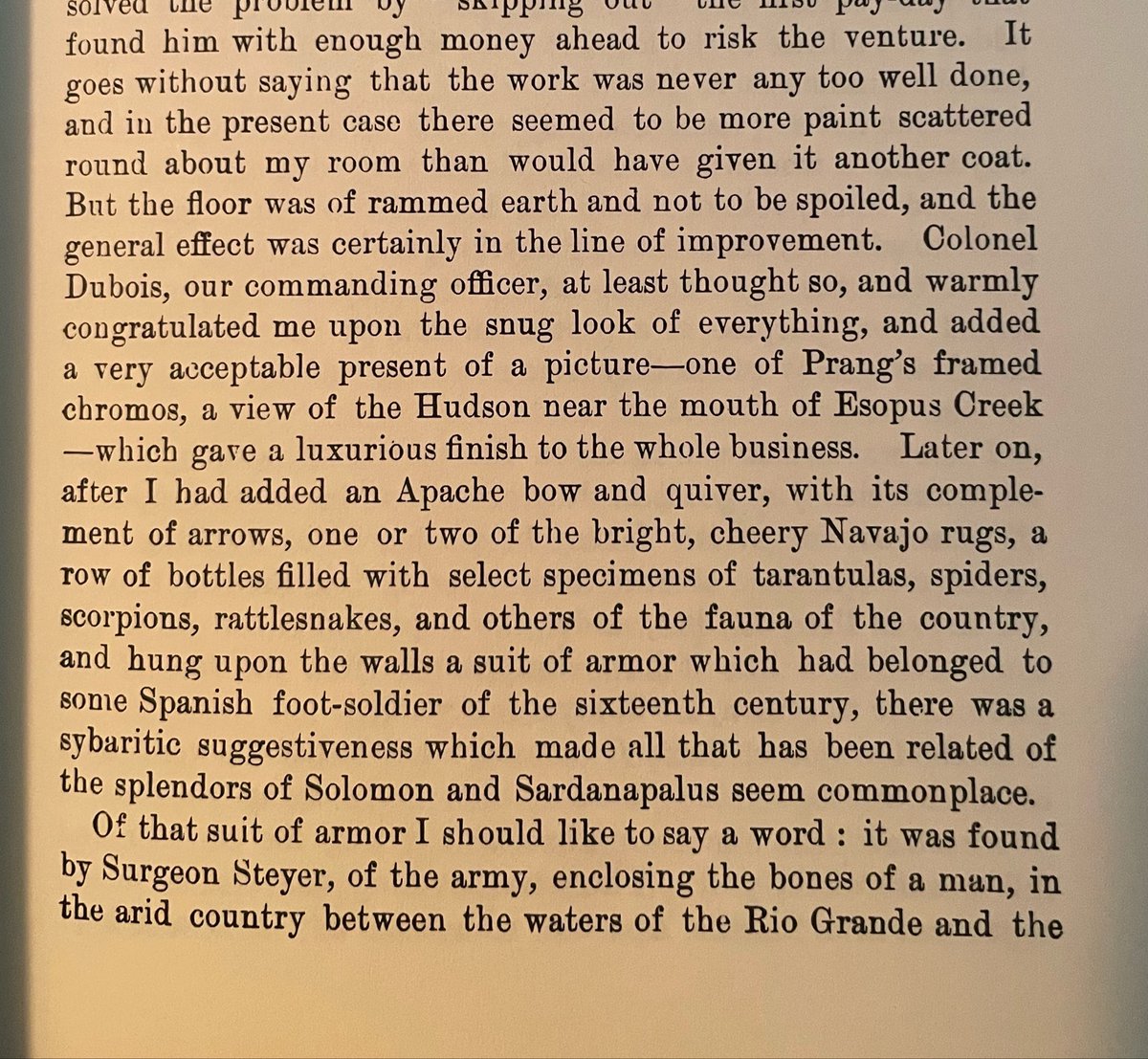 AnemoiaAmerica's tweet photo. Major Bourke describes his quarters at Camp Grant, Arizona during the Apache Wars: packed earth, Navajo rugs, Apache trophies, specimens of local wildlife, and a full set of Spanish armor, pulled off of a skeleton resting in the desert between the Pecos and Rio Grande… https://t.co/4nuWeJKVbR