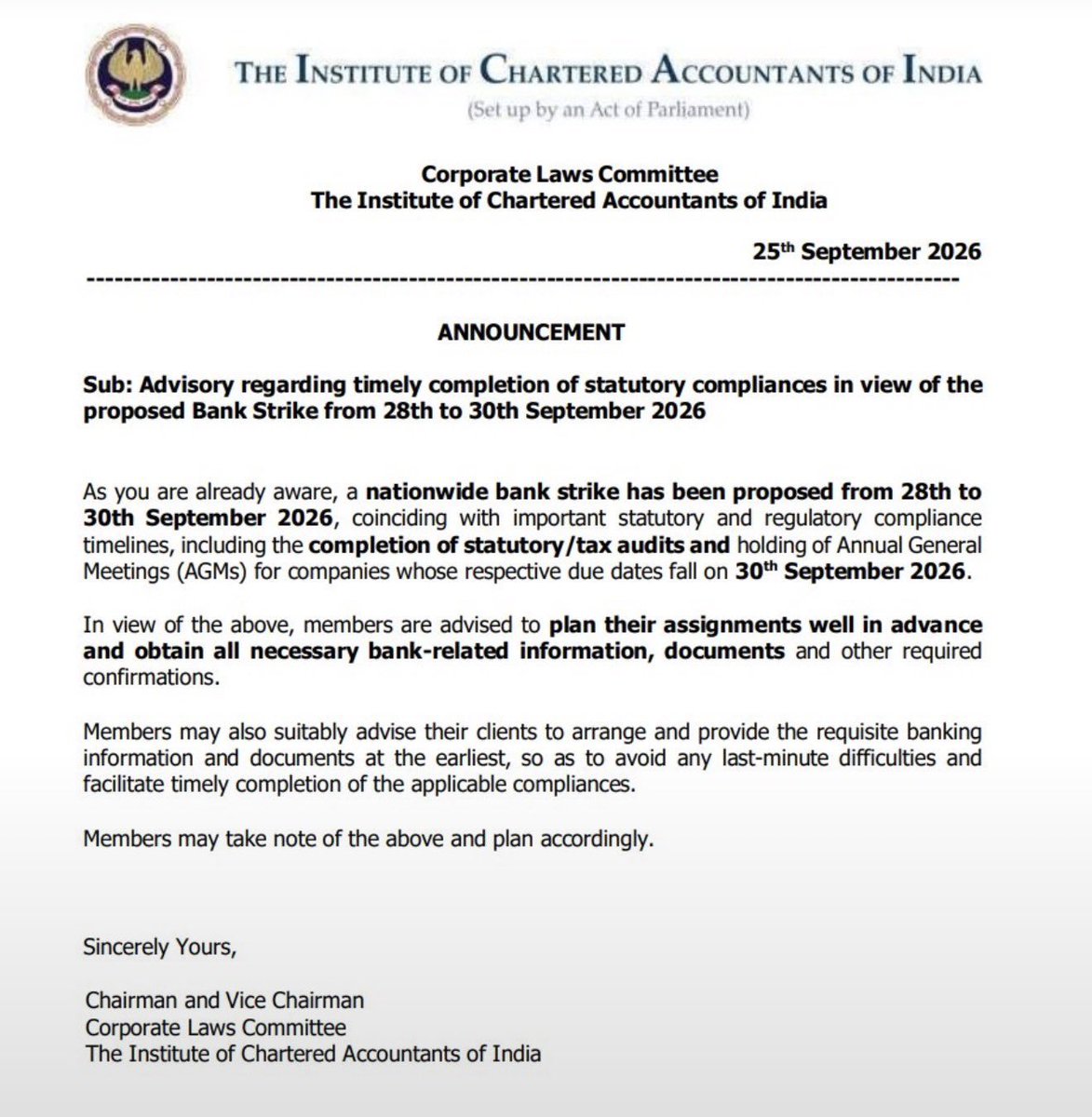 jrappis's tweet photo. ICAI advises completing tax audits on time to avoid delays caused by the Bank Strike.

This is genuine advice from ICAI, not a fake.

Ideally, such advice always comes from the income tax department, and ICAI represents for #ExtendTaxAuditDate. https://t.co/QrmnzjX1sh