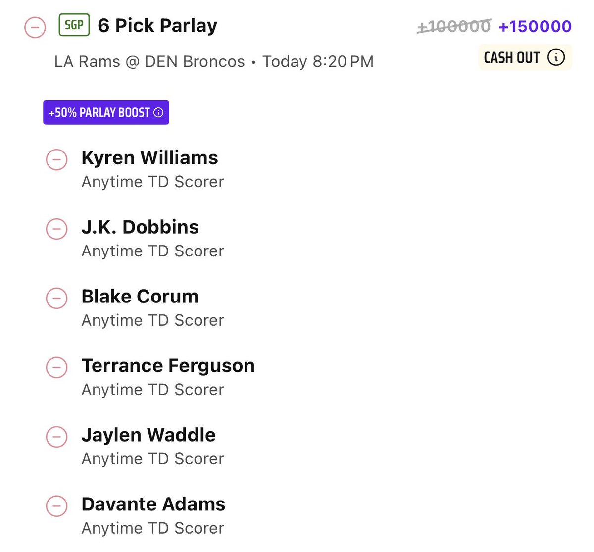 BoostKingX's tweet photo. Rams vs Broncos 50% Boost 

.01 U
Fair value +83,725

Kyren Williams TD
JK Dobbins TD
Blake Corum TD
Terrance Ferguson TD
Jaylen Waddle TD
Davante Adams TD https://t.co/xNPZ8Ly8vY