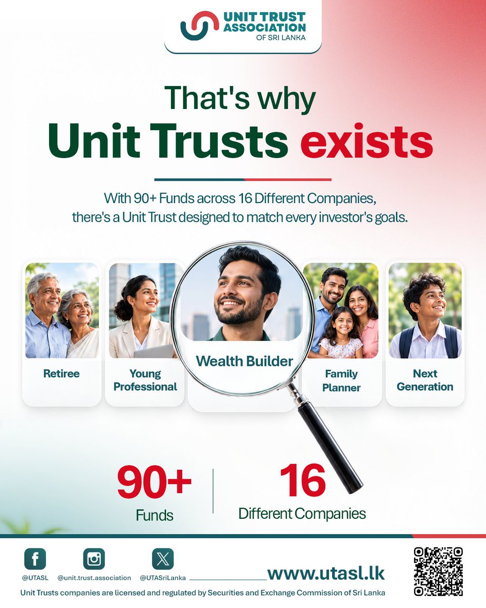 UTASriLanka's tweet photo. Every stage of life calls for a different investment approach. Discover Unit Trust options designed to match different goals, timelines and risk preferences.

#UnitTrusts #InvestmentManagement #FinancialMarkets #WealthManagement #CSE #SriLankaInvesting https://t.co/ysxYShNZgU
