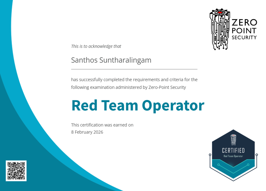 0xSanthos's tweet photo. One certification I haven’t shared here yet since earning it. Excited to finally share it!

🎓 Certified Red Team Operator (CRTO) from @_ZeroPointSec

Another milestone in my journey towards becoming a stronger offensive security professional. 🛡️⚔️ https://t.co/owMIDCjSEk